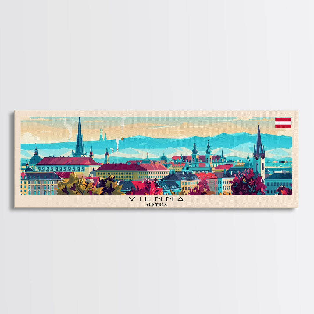 Vienna Austria Panoramic Travel Poster, Framed Canvas Print or Metal Wall Art, Travel Art, Home Decor, Panoramic Painting, Midcentury Art