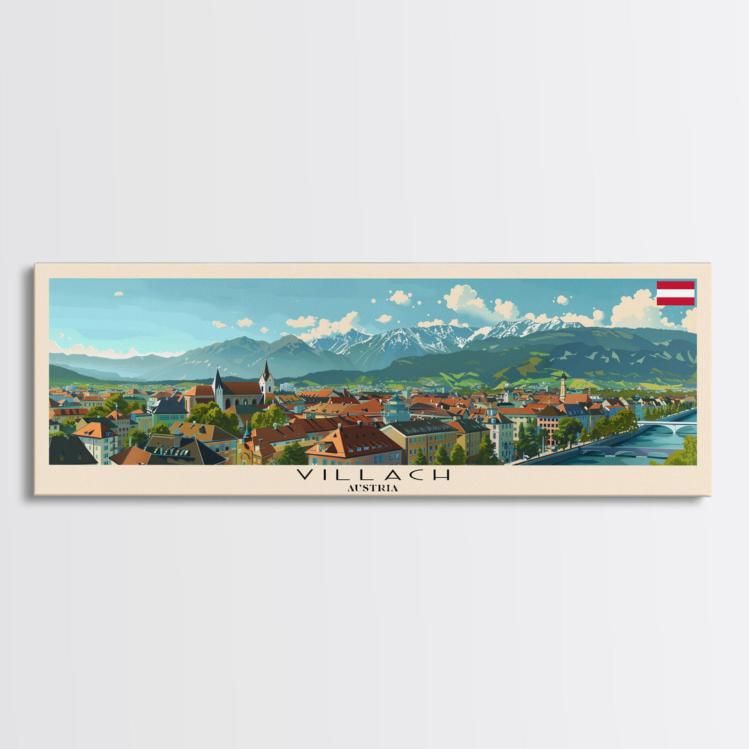 Villach Austria Travel Art, City Art, Framed Canvas Print or Metal Wall Art, Europe Travel Poster, Panoramic Wall Art, Extra Wide Wall Art