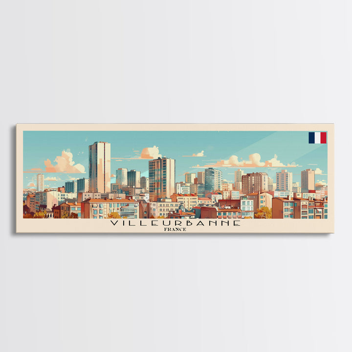 Villeurbanne France Panoramic Travel Poster, Framed Canvas Print or Metal Wall Art, Travel Art, Home Decor, Panoramic Painting, Midcentury Art