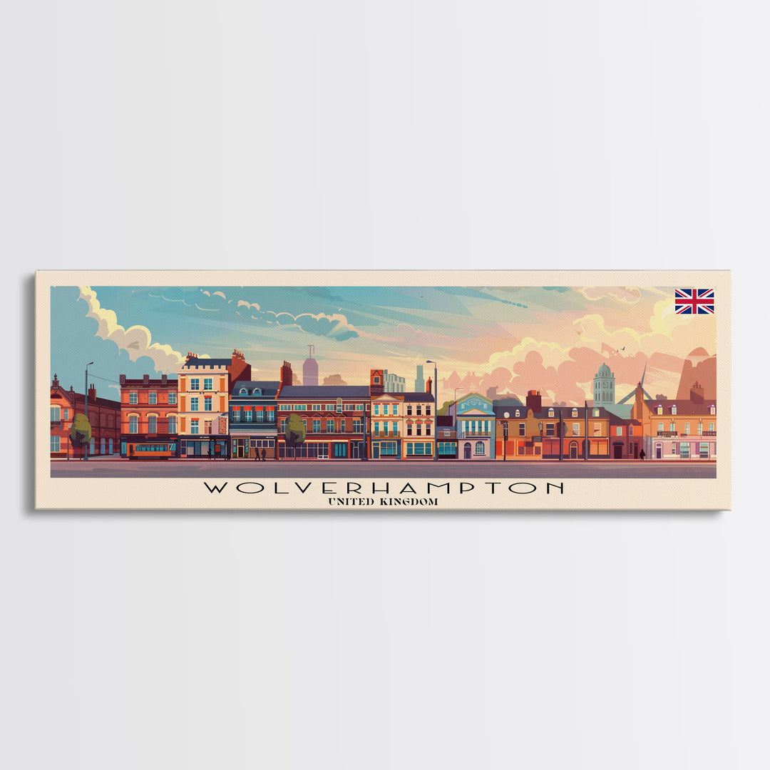 Wolverhampton United Kingdom Panoramic Travel Poster, Framed Canvas Print or Metal Wall Art, Travel Art, Home Decor, Panoramic Painting, Midcentury Art