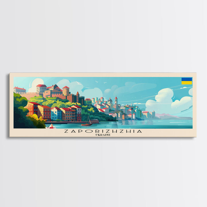 Zaporizhzhia Ukraine Panoramic Travel Poster, Framed Canvas Print or Metal Wall Art, Travel Art, Home Decor, Panoramic Painting, Midcentury Art