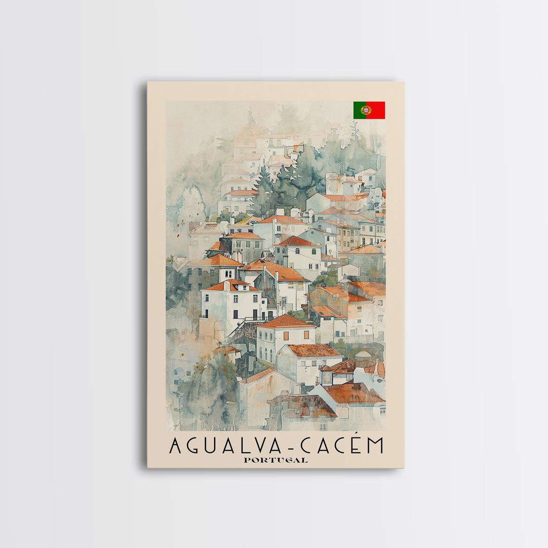 Agualva-Cacém in Portugal Watercolor Travel Poster Art, Framed Canvas Print, Perfect Wall Art for Living Room or Bedroom Decor