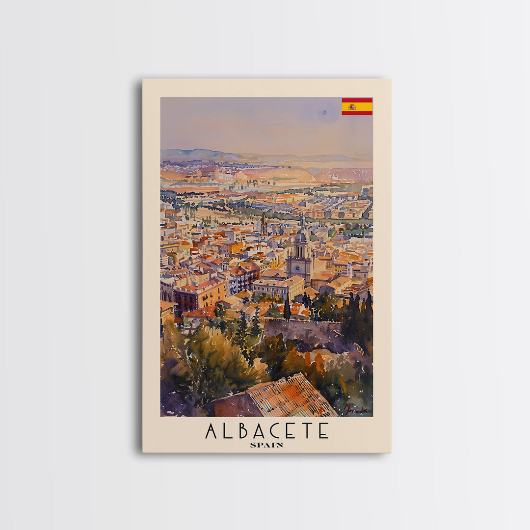 Albacete Spain Skyline Travel Poster Art, Framed Canvas Print, Vibrant Wall Art for Living Room, Bedroom Decor, Home Decoration