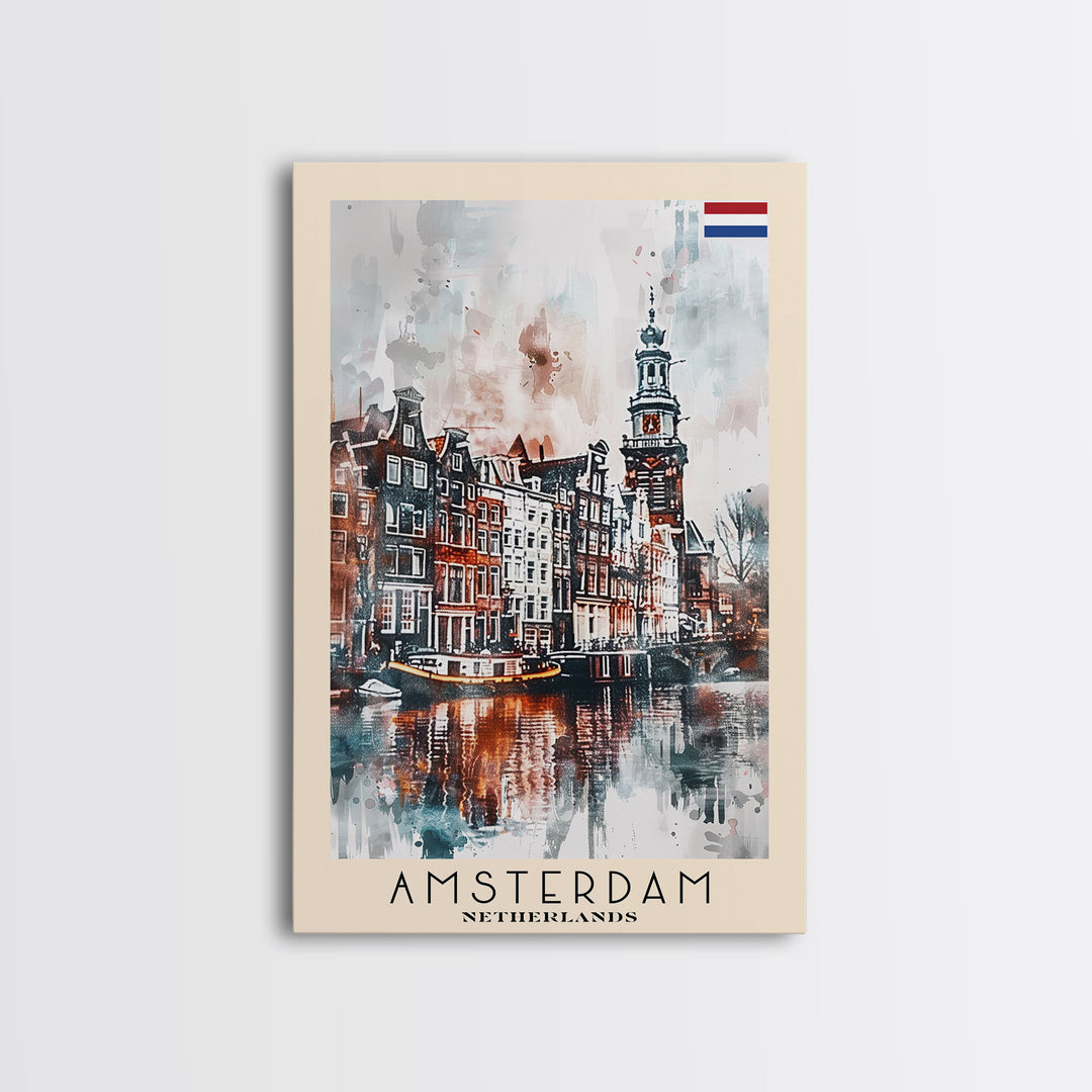 Stunning Amsterdam Cityscape, Framed Canvas Print, Perfect for Living Room Art, Travel Poster, Boho Home Decor, Watercolor Art