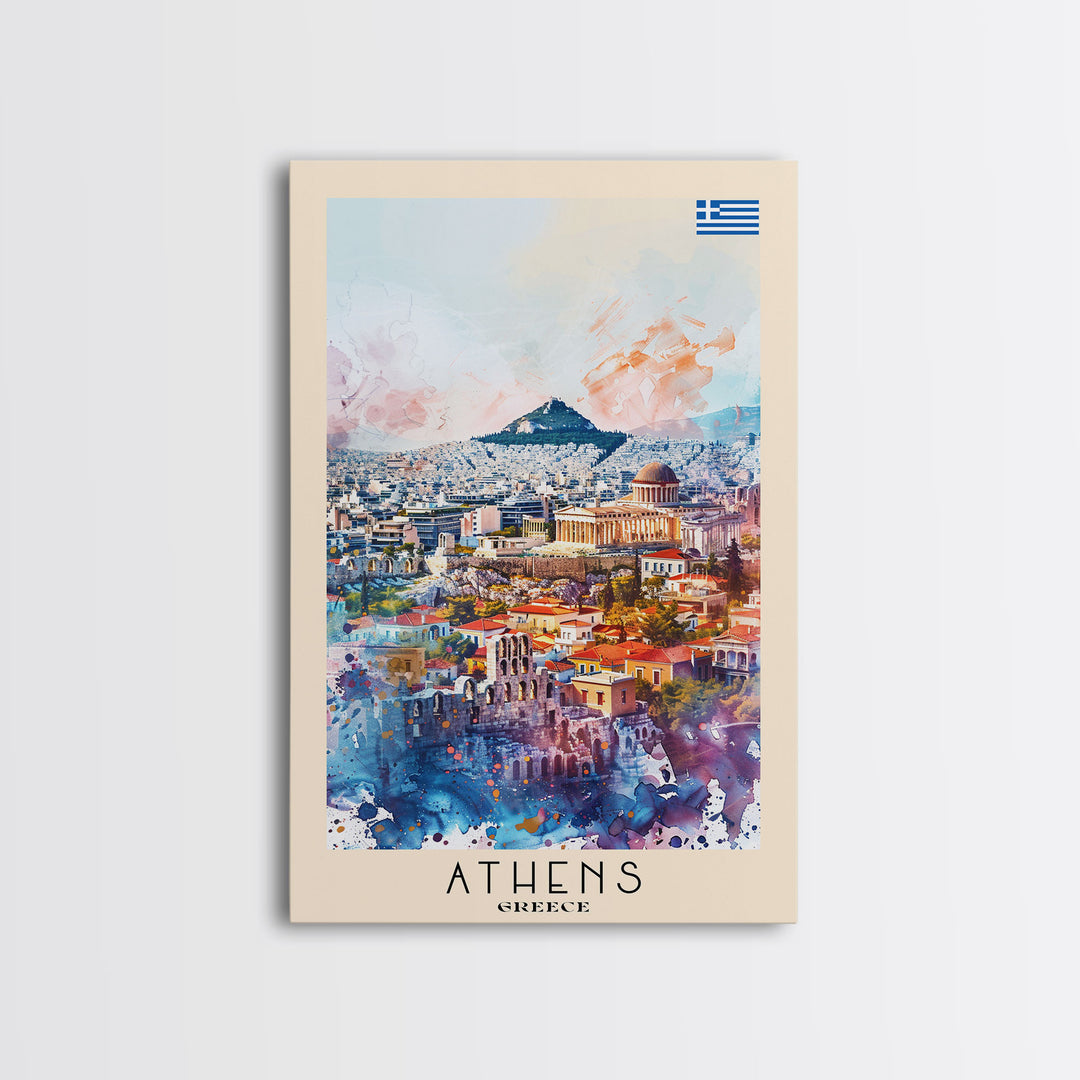 Athens Greece Travel Poster Framed Canvas Print, Wall Art, Home Decor, Vacation Print, Watercolor Painting, Ancient Ruins, Historical Art