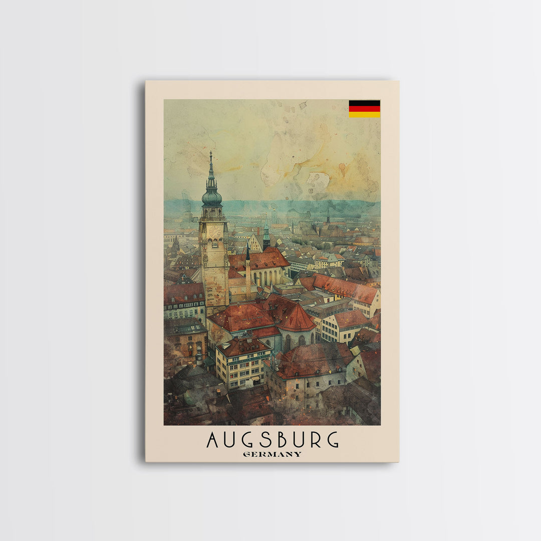 Augsburg Germany Travel Poster Framed Canvas Print, Wall Art, Home Decor, Travel Print, Watercolor Painting, Historical Cityscape, Original Art