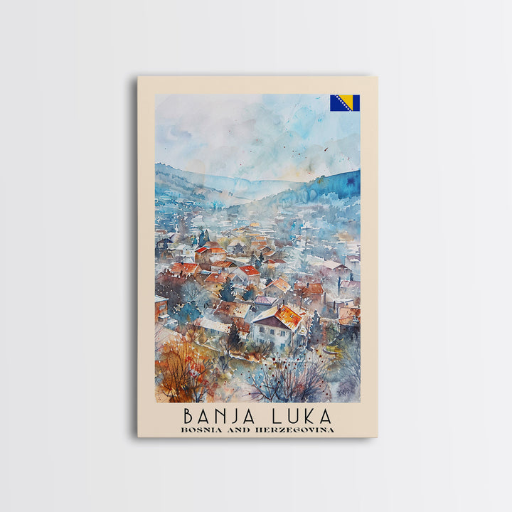 Banja Luka Bosnia Travel Poster Framed Canvas Print, Wall Art, Home Decor, Travel Print, Watercolor Painting, Scenic View, Original Art