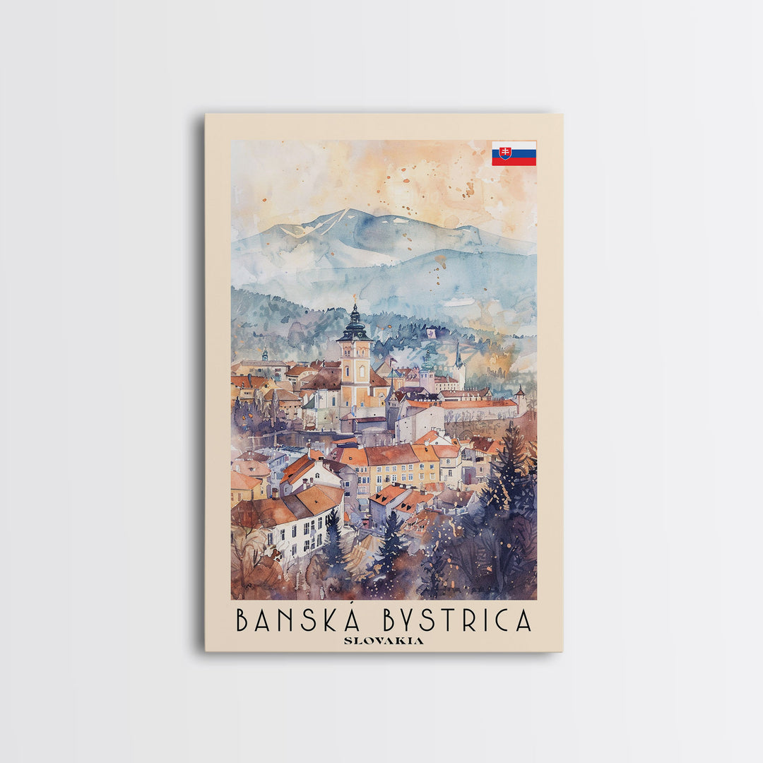 Banska Bystrica Slovakia Travel Poster Framed Canvas Print, Wall Art, Home Decor, Vacation Print, Watercolor Painting, Cityscape Art