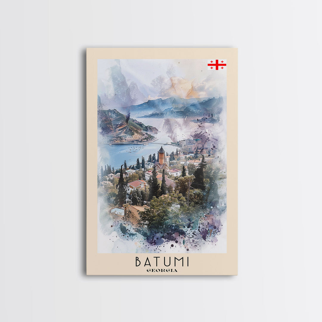 Batumi Georgia Travel Poster Framed Canvas Print, Wall Art, Home Decor, Watercolor Painting, Vacation Gift, Minimalist Art