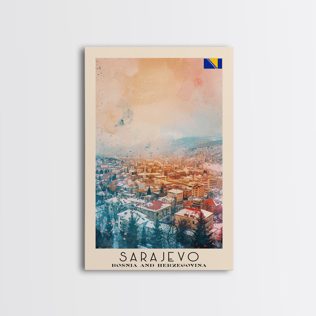 Sarajevo Bosnia and Herzegovina Travel Poster Framed Canvas Print, Watercolor Painting, Historic Wall Art, Home Decor, Bosnian Cityscape, Classic Art