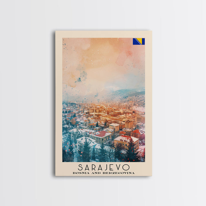 Sarajevo Bosnia and Herzegovina Travel Poster Framed Canvas Print, Watercolor Painting, Historic Wall Art, Home Decor, Bosnian Cityscape, Classic Art