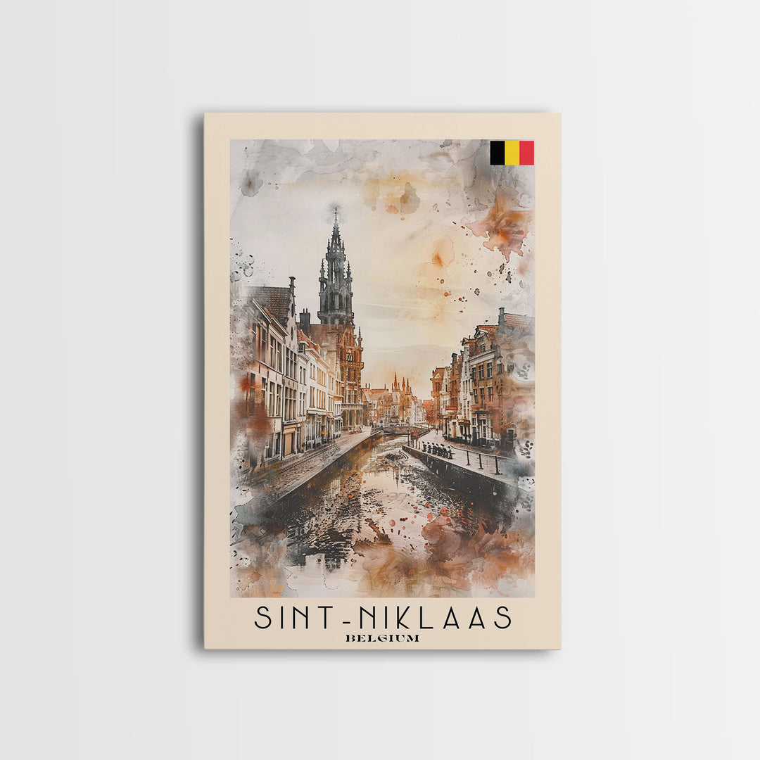 Sint-Niklaas Belgium Travel Poster Framed Canvas Print, Watercolor Painting, Scenic Wall Art, Home Decor, Belgian Cityscape, Classic Decor