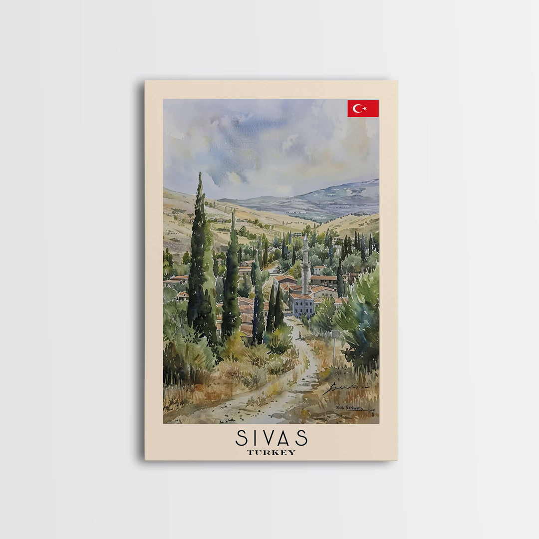 Sivas Turkey Travel Poster Framed Canvas Print, Watercolor Painting, Scenic Wall Art, Home Decor, Turkish Landscape, Modern Art