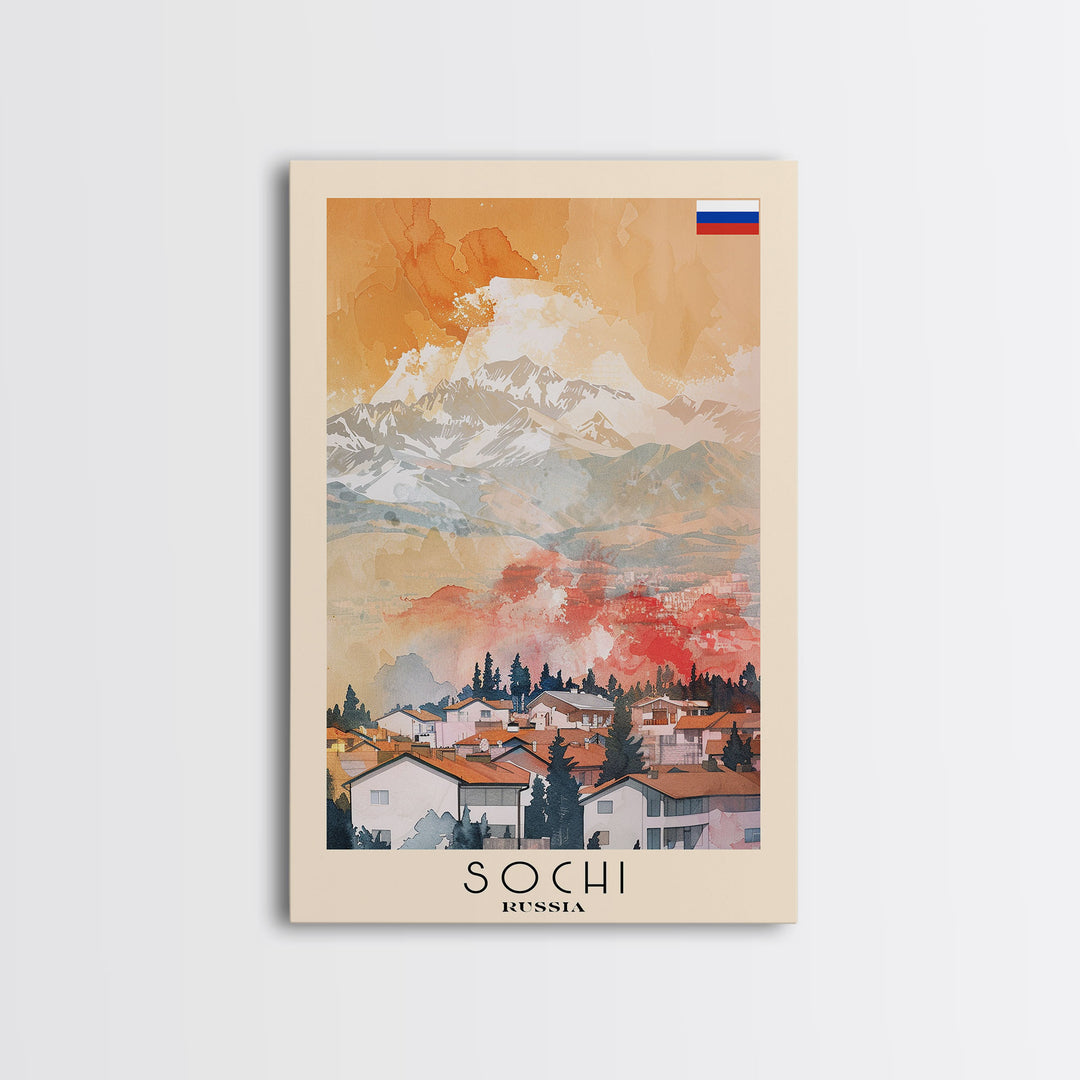 Sochi Russia Travel Poster Framed Canvas Print, Watercolor Painting, Coastal Wall Art, Home Decor, Russian Seaside, Vibrant Art