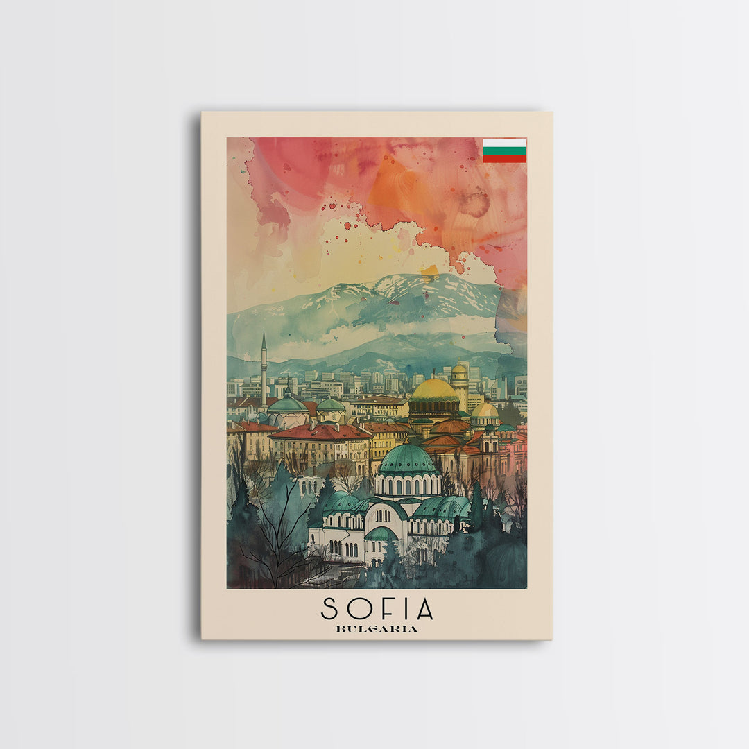 Sofia Bulgaria Travel Poster Framed Canvas Print, Watercolor Painting, Scenic Wall Art, Home Decor, Bulgarian Cityscape, Modern Decor