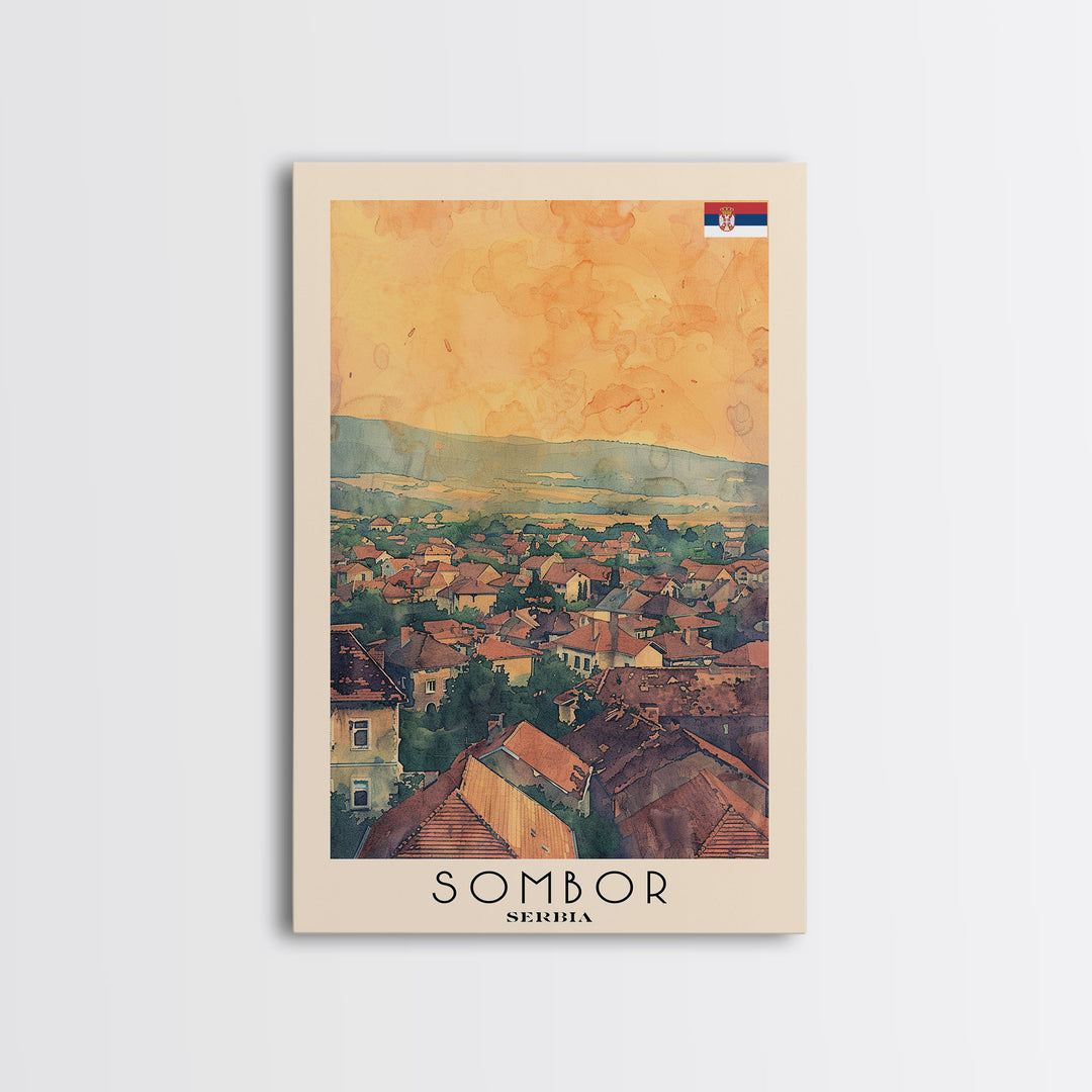 Sombor Serbia Travel Poster Framed Canvas Print, Watercolor Painting, Scenic Wall Art, Home Decor, Serbian Landscape, Classic Art