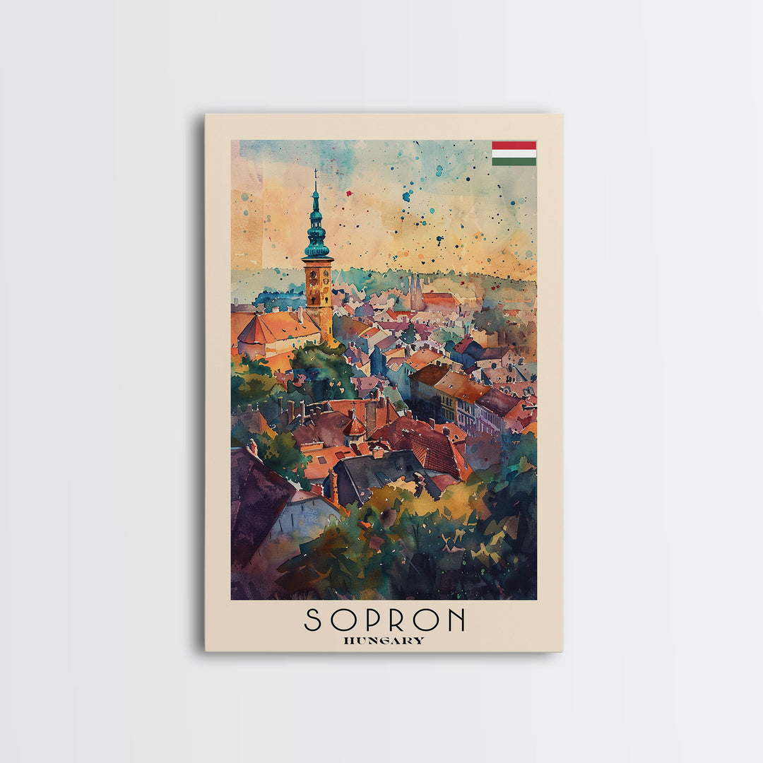 Sopron Hungary Travel Poster Framed Canvas Print, Watercolor Painting, Scenic Wall Art, Home Decor, Hungarian Cityscape, Artistic Art