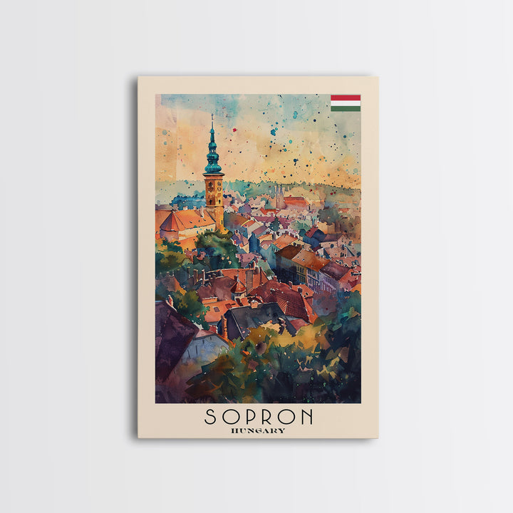 Sopron Hungary Travel Poster Framed Canvas Print, Watercolor Painting, Scenic Wall Art, Home Decor, Hungarian Cityscape, Artistic Art