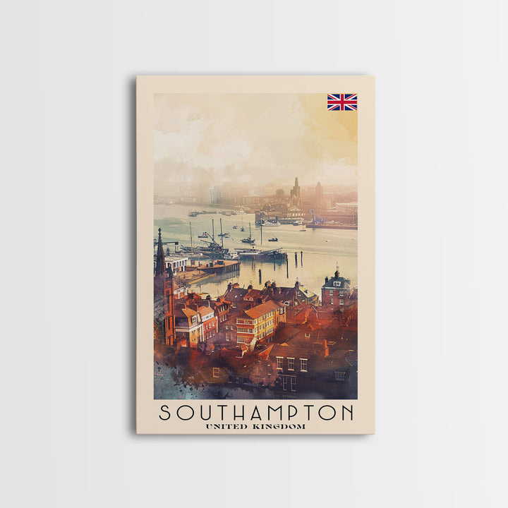 Southampton United Kingdom Travel Poster Framed Canvas Print, Watercolor Painting, Coastal Wall Art, Home Decor, British Seaside, Vibrant Decor