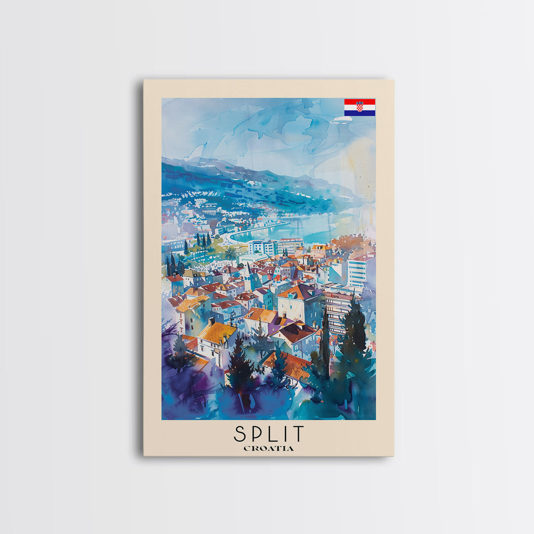 Split Croatia Travel Poster Framed Canvas Print, Watercolor Painting, Coastal Wall Art, Home Decor, Croatian Seaside, Modern Decor