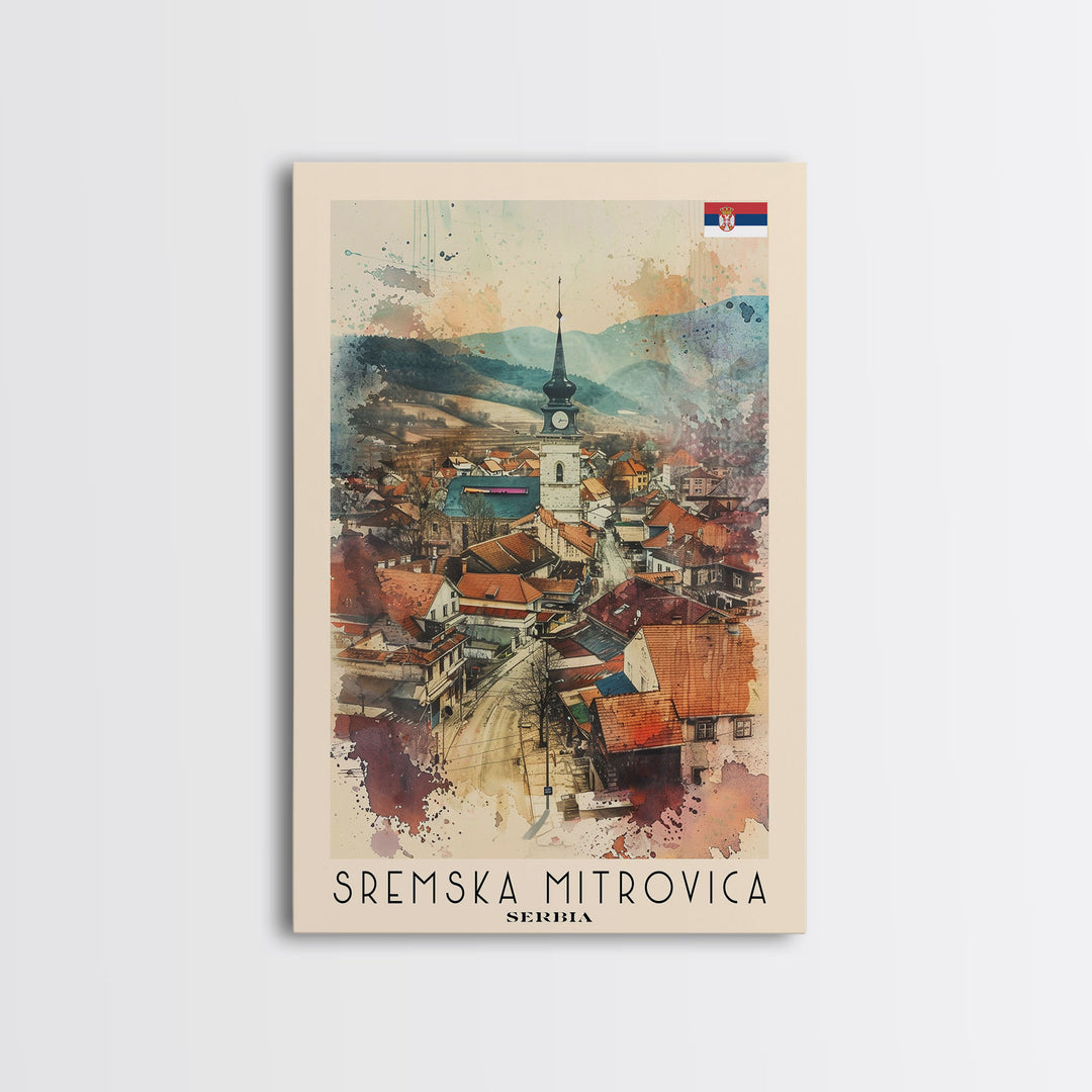 Sremska Mitrovica Serbia Travel Poster Framed Canvas Print, Watercolor Painting, Scenic Wall Art, Home Decor, Serbian Landscape, Artistic Decor