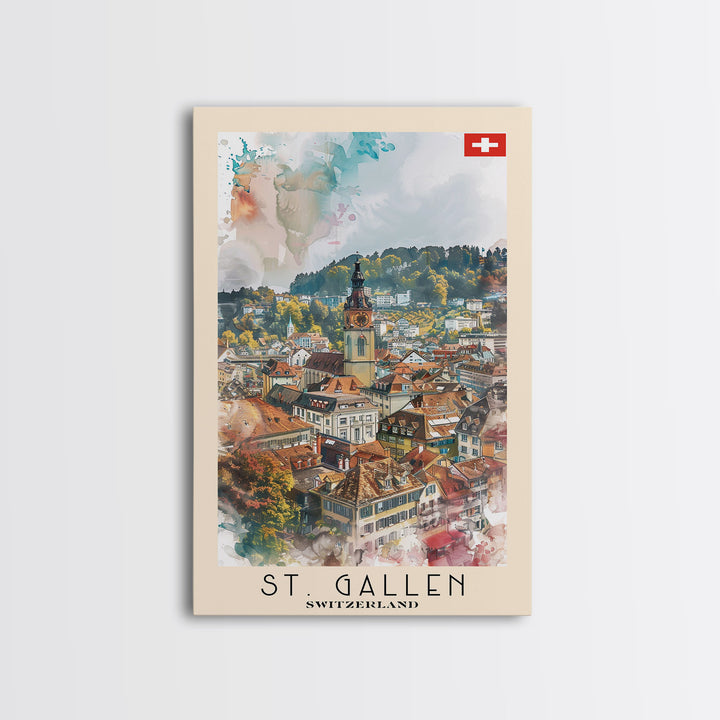 St Gallen Switzerland Travel Poster Framed Canvas Print, Watercolor Painting, Scenic Wall Art, Home Decor, Swiss Landscape, Classic Art