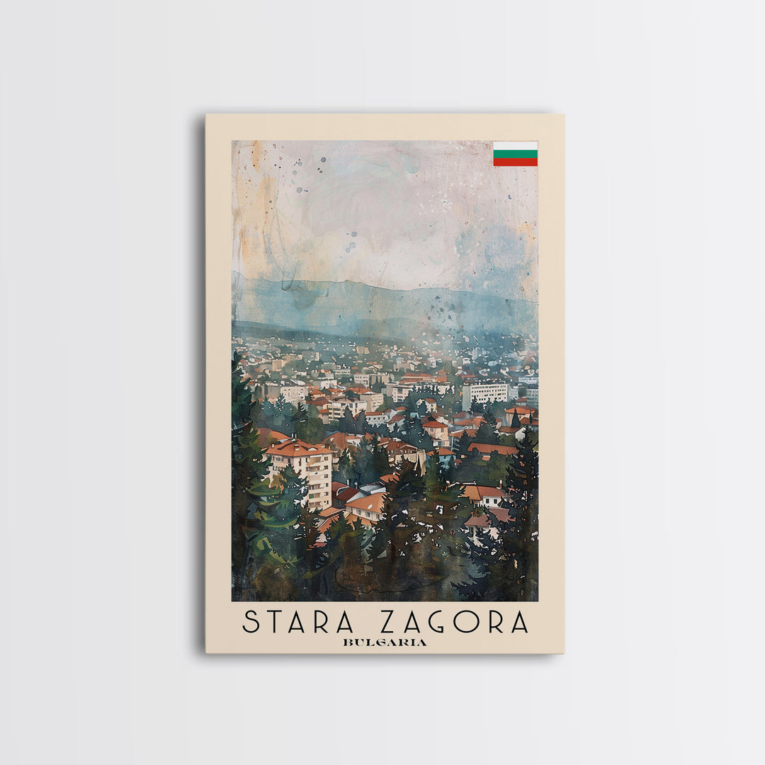 Stara Zagora Bulgaria Travel Poster Framed Canvas Print, Watercolor Painting, Scenic Wall Art, Home Decor, Bulgarian Landscape, Modern Art