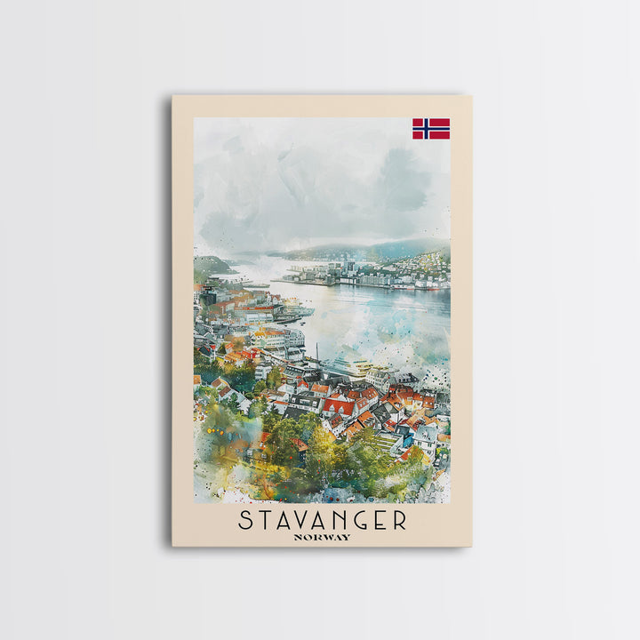 Stavanger Norway Travel Poster Framed Canvas Print, Watercolor Painting, Coastal Wall Art, Home Decor, Norwegian Seaside, Nautical Decor