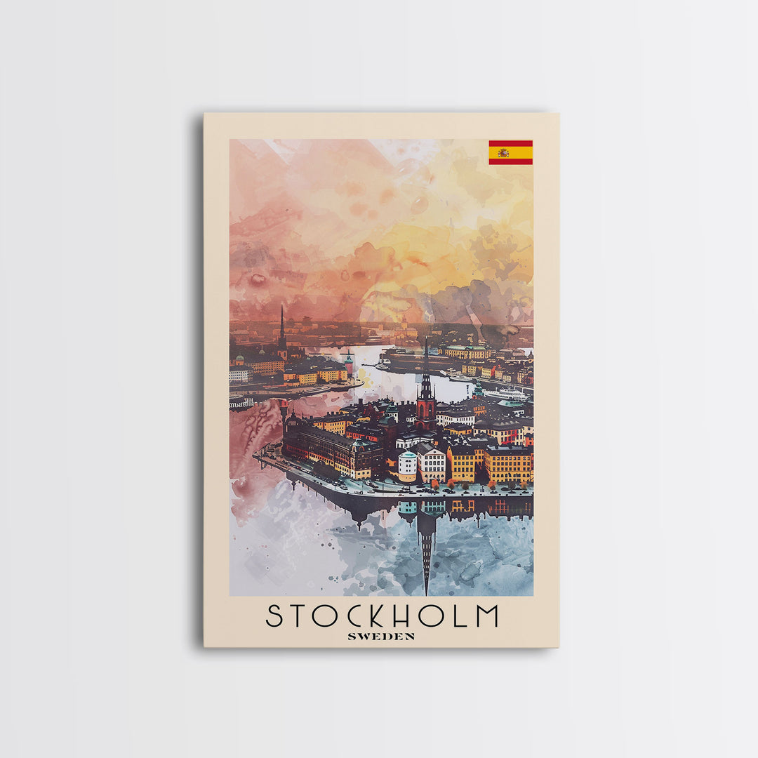 Stockholm Sweden Travel Poster Framed Canvas Print, Watercolor Painting, Scenic Wall Art, Home Decor, Swedish Cityscape, Contemporary Art