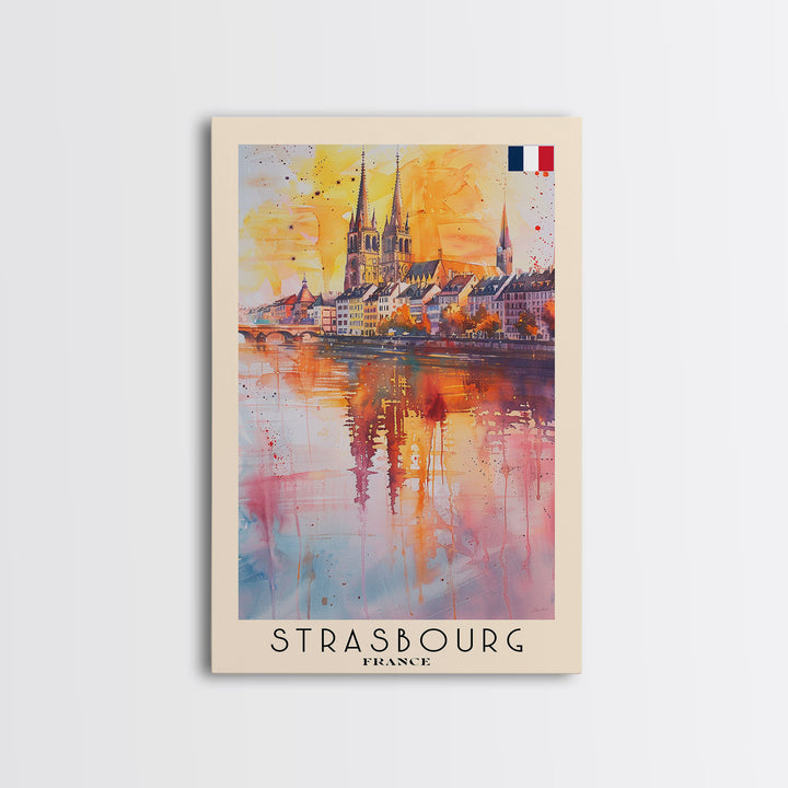 Strasbourg France Travel Poster Framed Canvas Print, Watercolor Painting, Historic Wall Art, Home Decor, French Architecture, Chic Decor