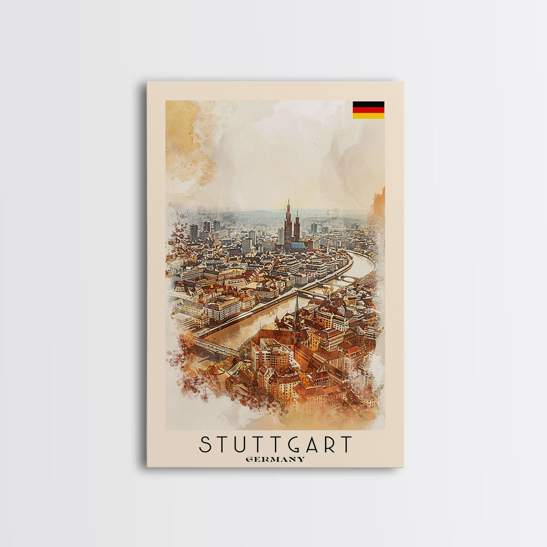 Stuttgart Germany Travel Poster Framed Canvas Print, Watercolor Painting, Urban Wall Art, Home Decor, German Cityscape, Modern Art