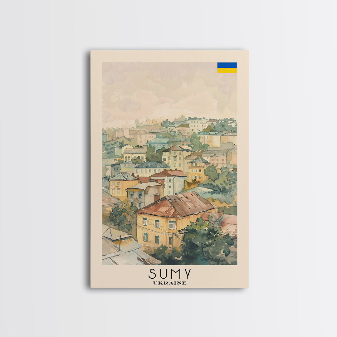 Sumy Ukraine Travel Poster Framed Canvas Print, Watercolor Painting, Scenic Wall Art, Home Decor, Ukrainian Landscape, Bohemian Decor