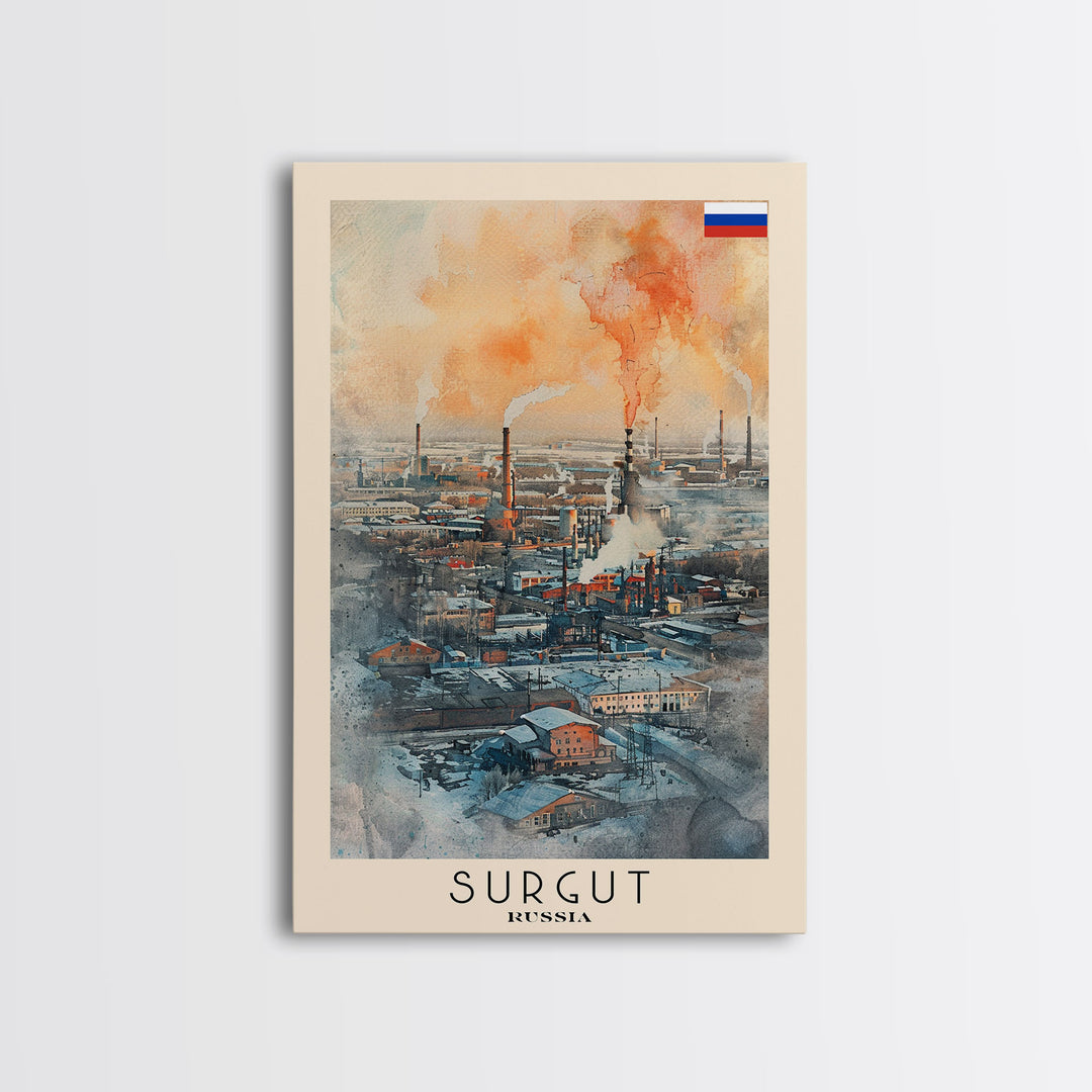 Surgut Russia Travel Poster Framed Canvas Print, Watercolor Painting, Scenic Wall Art, Home Decor, Russian Landscape, Minimalist Art