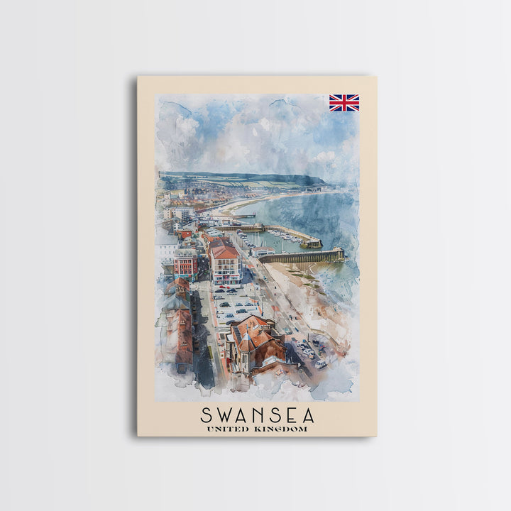 Swansea United Kingdom Travel Poster Framed Canvas Print, Watercolor Painting, Coastal Wall Art, Home Decor, British Seaside, Nautical Art