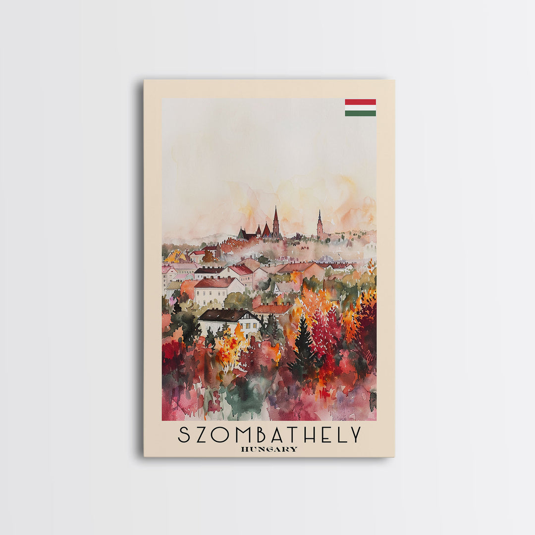 Szombathely Hungary Travel Poster Framed Canvas Print, Watercolor Painting, Scenic Wall Art, Home Decor, Hungarian Cityscape, Classic Art