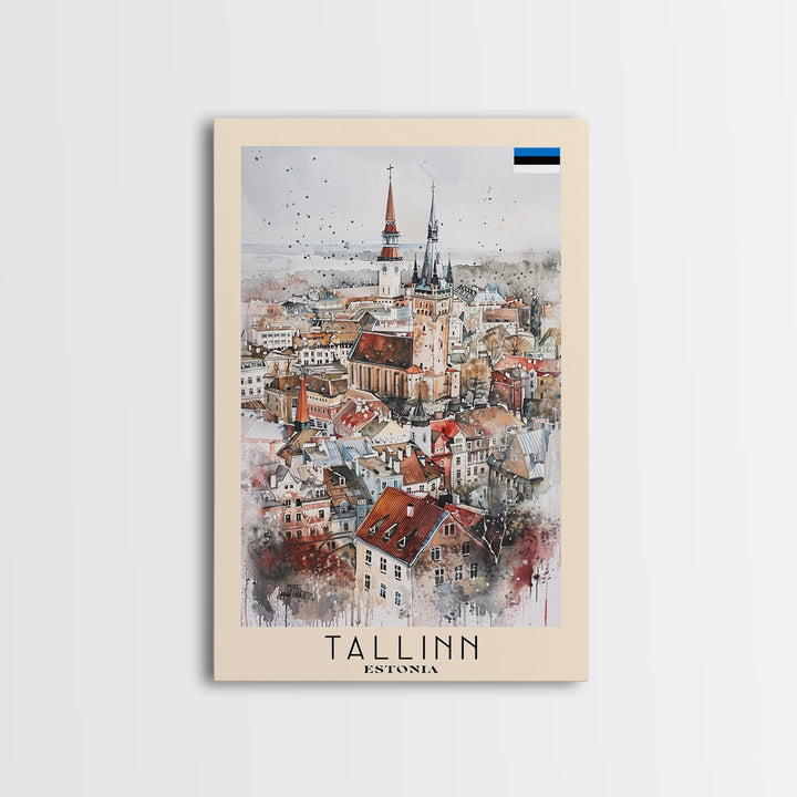 Tallinn Estonia Travel Poster Framed Canvas Print, Watercolor Painting, Scenic Wall Art, Home Decor, Estonian Cityscape, Modern Art