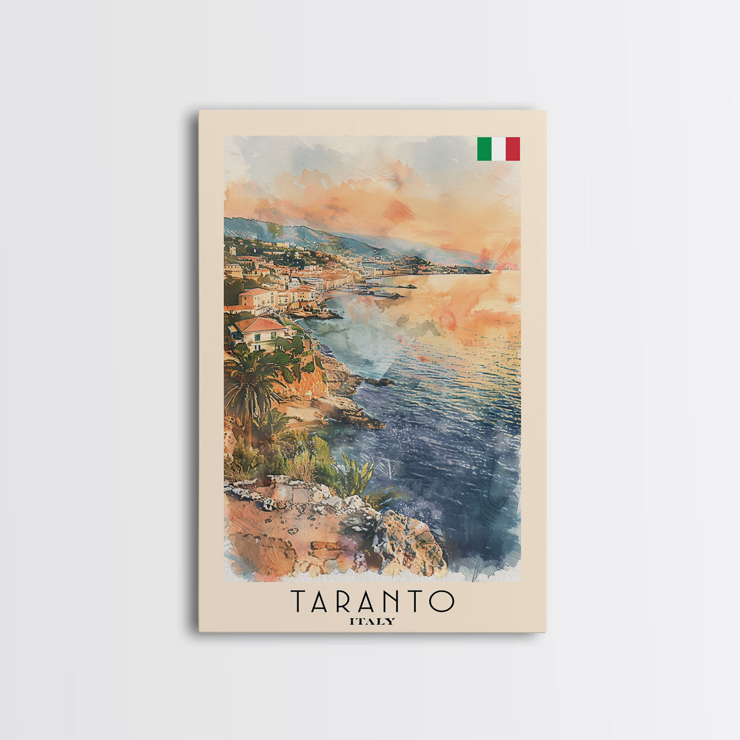 Taranto Italy Travel Poster Framed Canvas Print, Watercolor Painting, Coastal Wall Art, Home Decor, Italian Seaside, Nautical Decor