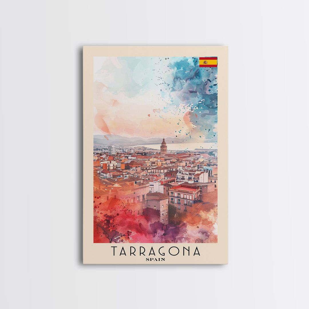 Tarragona Spain Travel Poster Framed Canvas Print, Watercolor Painting, Scenic Wall Art, Home Decor, Spanish Cityscape, Classic Art