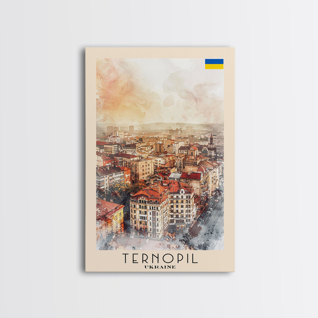 Ternopil Ukraine Travel Poster Framed Canvas Print, Watercolor Painting, Scenic Wall Art, Home Decor, Ukrainian Landscape, Classic Decor