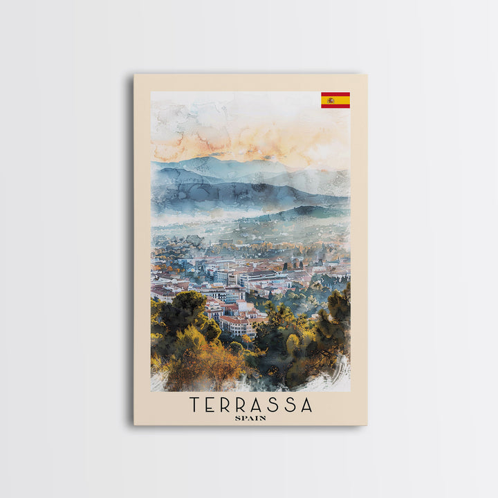 Terrassa Spain Travel Poster Framed Canvas Print, Watercolor Painting, Urban Wall Art, Home Decor, Spanish Cityscape, Modern Art