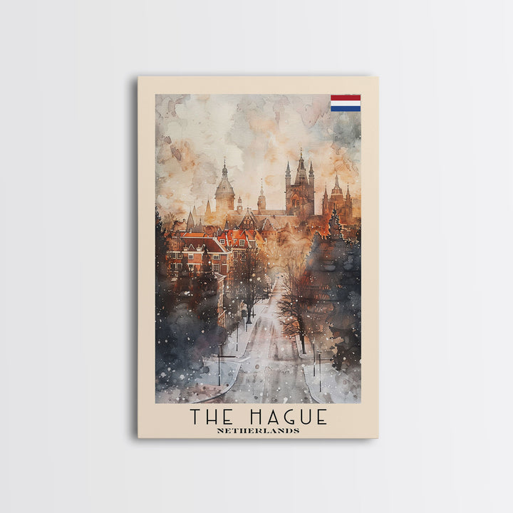 The Hague Netherlands Travel Poster Framed Canvas Print, Watercolor Painting, Scenic Wall Art, Home Decor, Dutch Cityscape, Artistic Art