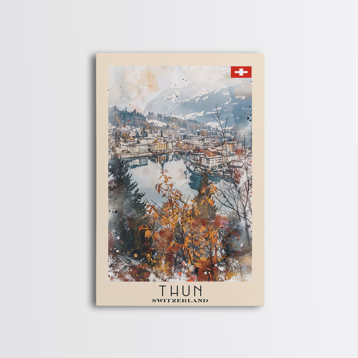 Thun Switzerland Travel Poster Framed Canvas Print, Watercolor Painting, Scenic Wall Art, Home Decor, Swiss Landscape, Alpine Art