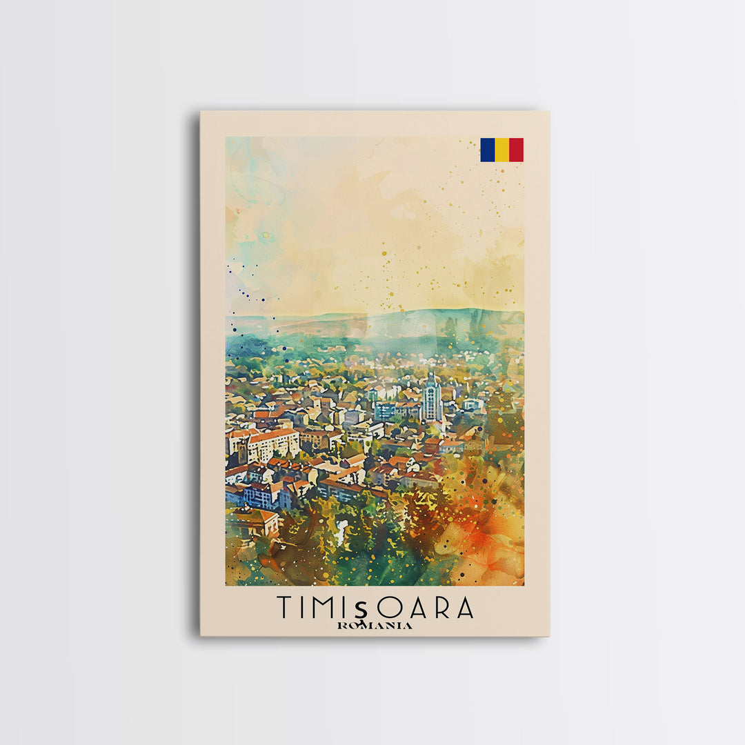 Timisoara Romania Travel Poster Framed Canvas Print, Watercolor Painting, Scenic Wall Art, Home Decor, Romanian Architecture, Heritage Art