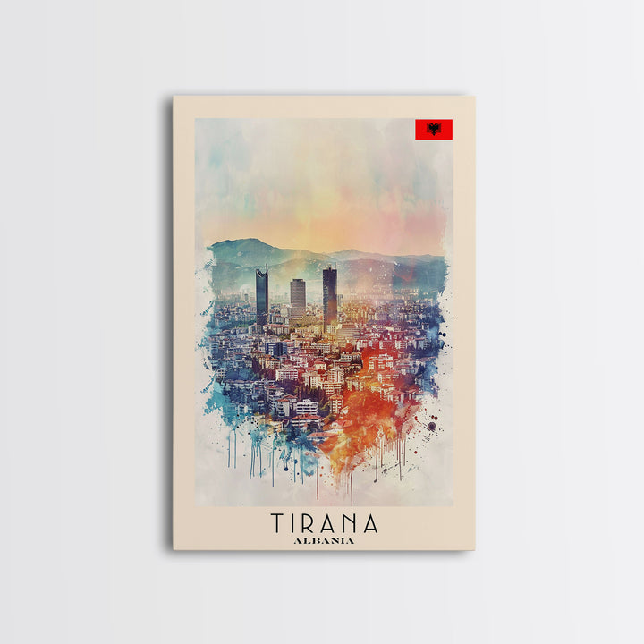 Tirana Albania Travel Poster Framed Canvas Print, Watercolor Painting, Urban Wall Art, Home Decor, Albanian Cityscape, Exotic Decor