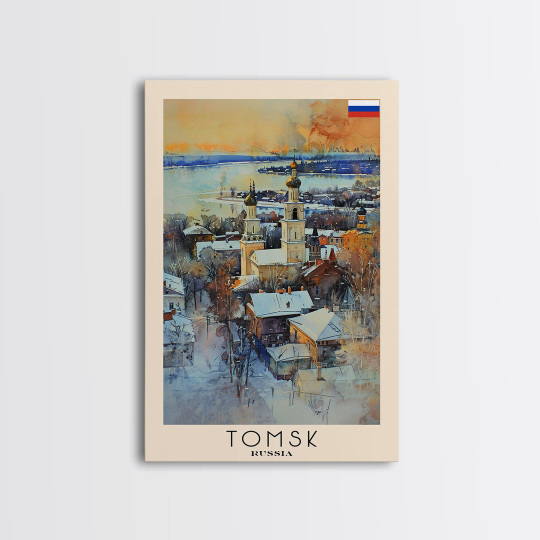 Tomsk Russia Travel Poster Framed Canvas Print, Watercolor Painting, Urban Wall Art, Home Decor, Russian Cityscape, Vintage Decor