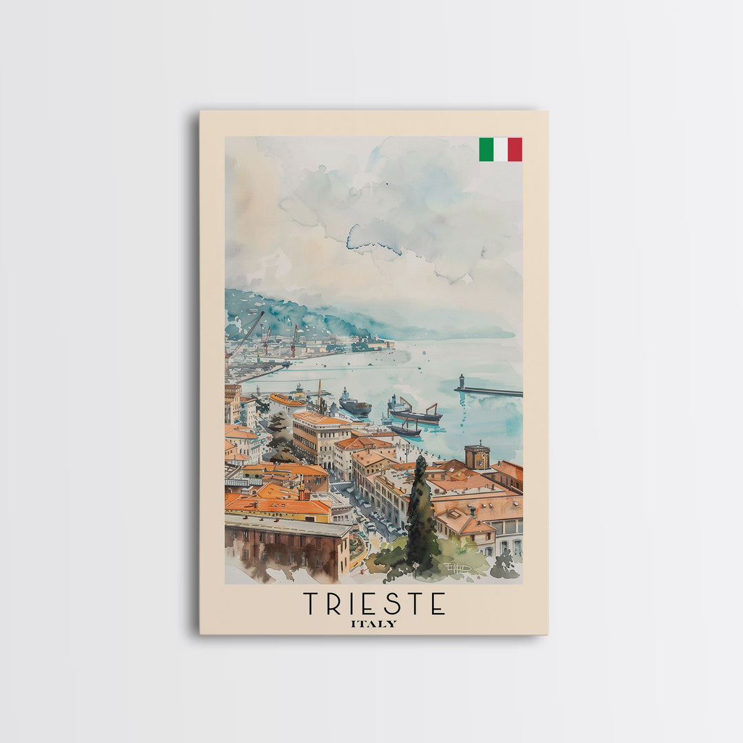 Trieste Italy Travel Poster Framed Canvas Print, Watercolor Painting, Coastal Wall Art, Home Decor, Italian Seaside, Nautical Art