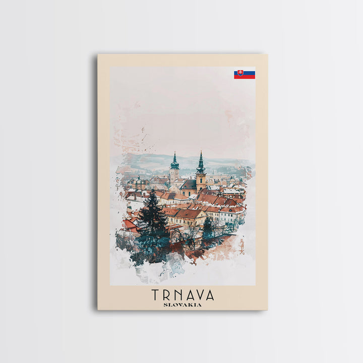 Trnava Slovakia Travel Poster Framed Canvas Print, Watercolor Painting, Scenic Wall Art, Home Decor, Slovakian Cityscape, Modern Decor