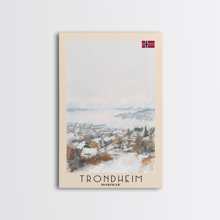 Trondheim Norway Travel Poster Framed Canvas Print, Watercolor Painting, Coastal Wall Art, Home Decor, Norwegian Seaside, Nordic Decor