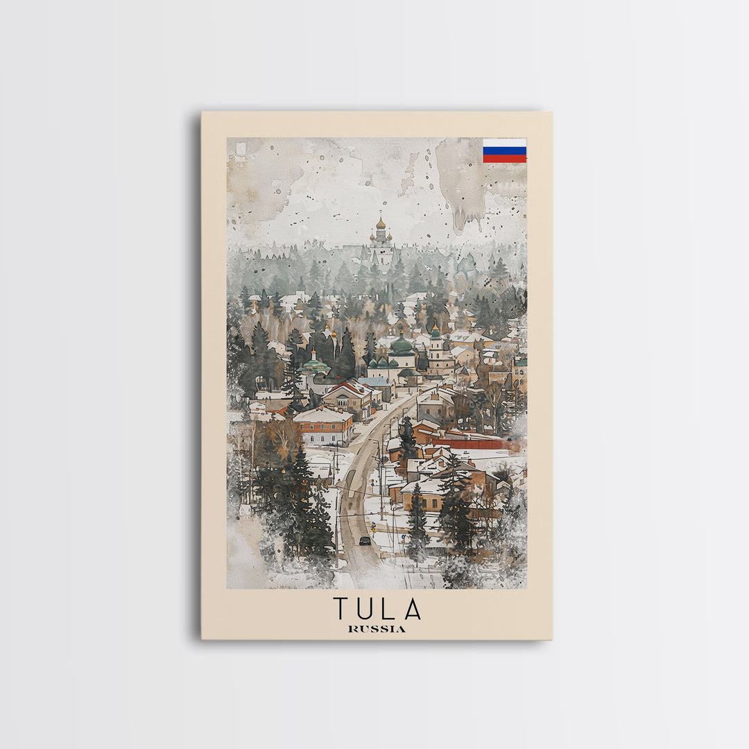 Tula Russia Travel Poster Framed Canvas Print, Watercolor Painting, Urban Wall Art, Home Decor, Russian Cityscape, Classic Art