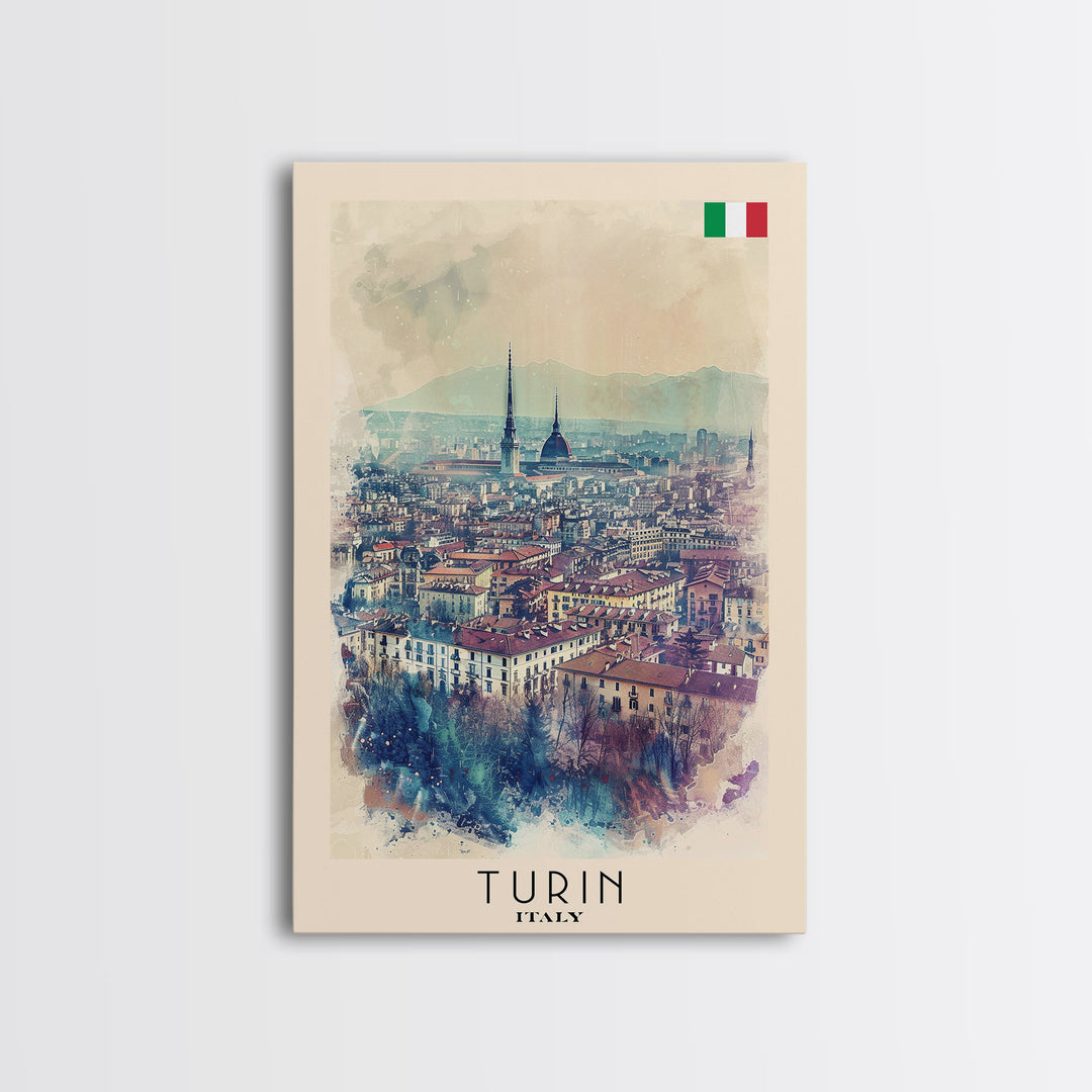 Turin Italy Travel Poster Framed Canvas Print, Watercolor Painting, Urban Wall Art, Home Decor, Italian Cityscape, Vintage Decor